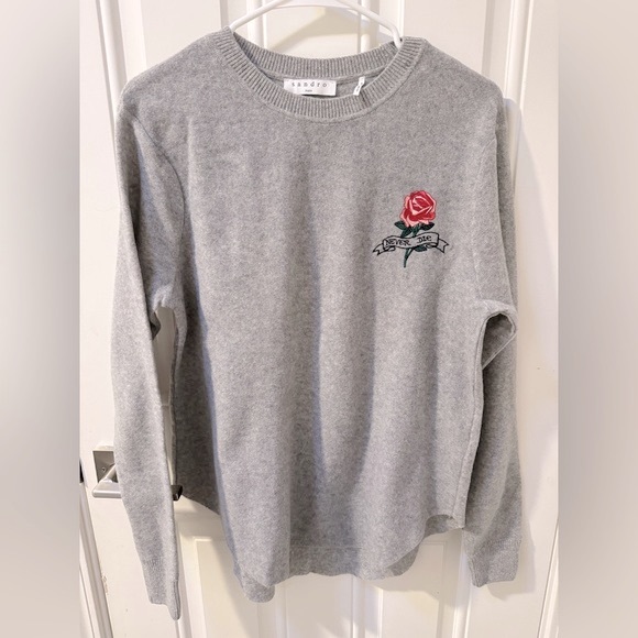NEW Sandro 100% Wool Sweater with Embroidered Rose - Picture 2 of 7